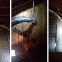 The before: this attic includes both unsafe ventilation material and an improper installation. The foil tubing is flammable and its flexible nature allows the lint to collect in its ridges and in the dips created by its suspension.